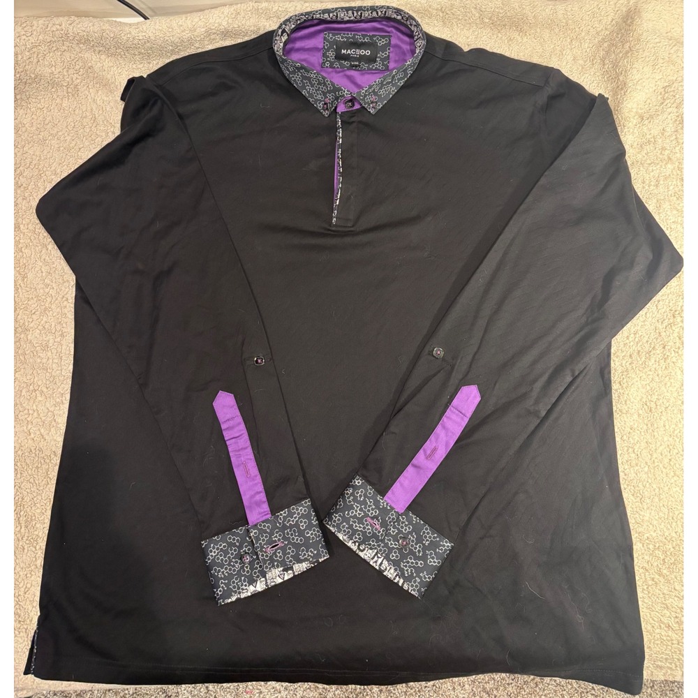 Maceoo Paris Mens 2XL Black Purple Molecule Trim Long Sleeve Polo Shirt Turkey
